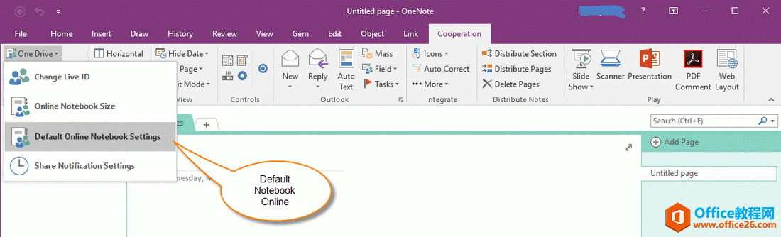 从桌面 OneNote 打开网页来设置在线默认笔记本