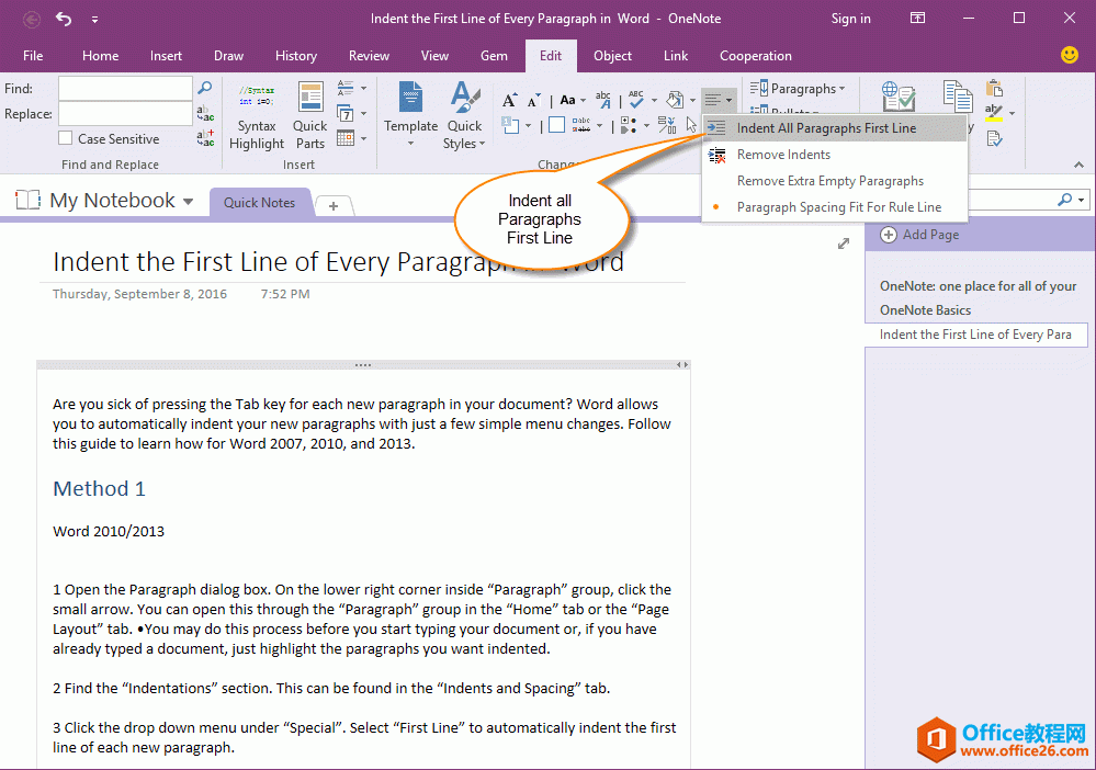 一键缩进 OneNote 里所有段落的首行