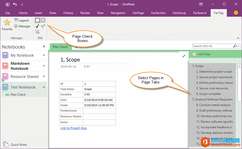 <b>OneNote 页面级勾选框，显示在右侧页选项卡上的待办事项标签</b>