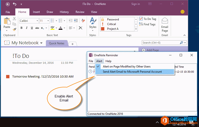 <b>如何在 OneNote 提醒工具中启用/禁用发送提醒邮件功能</b>