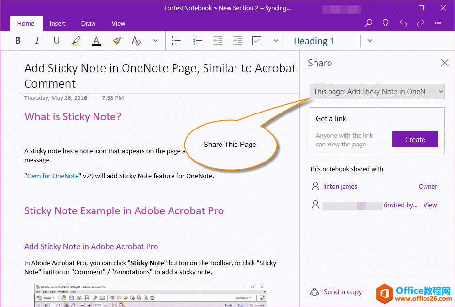 在 OneNote for Windows 10 中共享一个页面