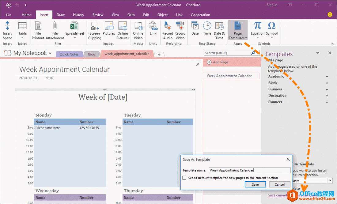 在 OneNote 中把当前页面也另存为模板