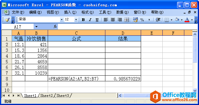 Excel中使用PEARSON函数