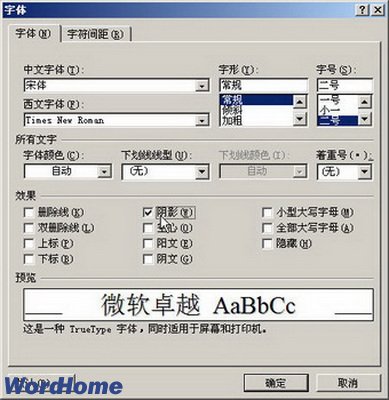 Word2007阴影等字体效果的设置