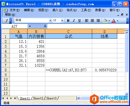 Excel中使用CORREL函数