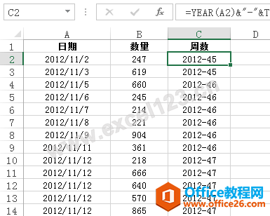 在辅助列中“周数”设置公式