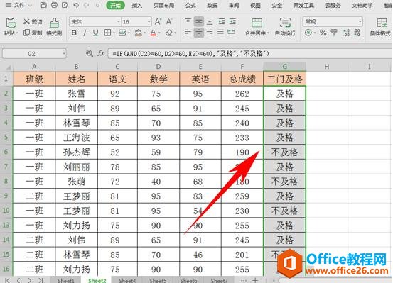 WPS表格技巧—如何判断三门成绩是否都及格？
