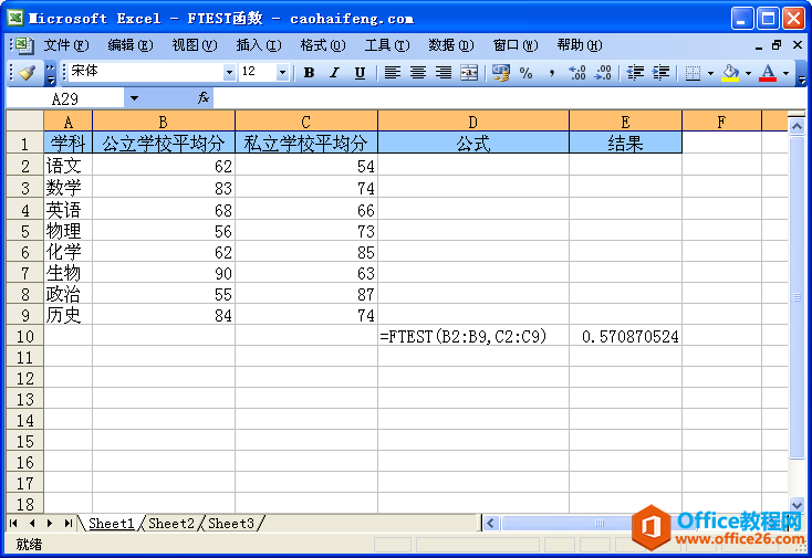 Excel中使用FTEST函数