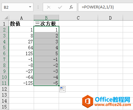 Excel中怎样给一列数开3次方