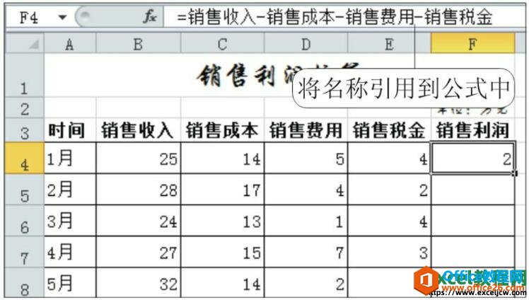 显示将名称引用到公式中的结果