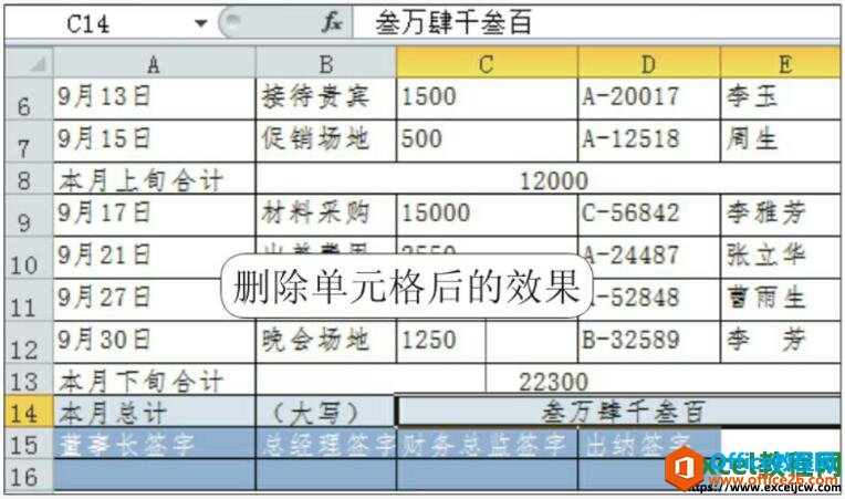 删除单元格后的效果