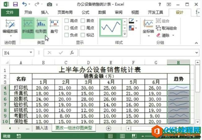 在excel2013中更改迷你图类型