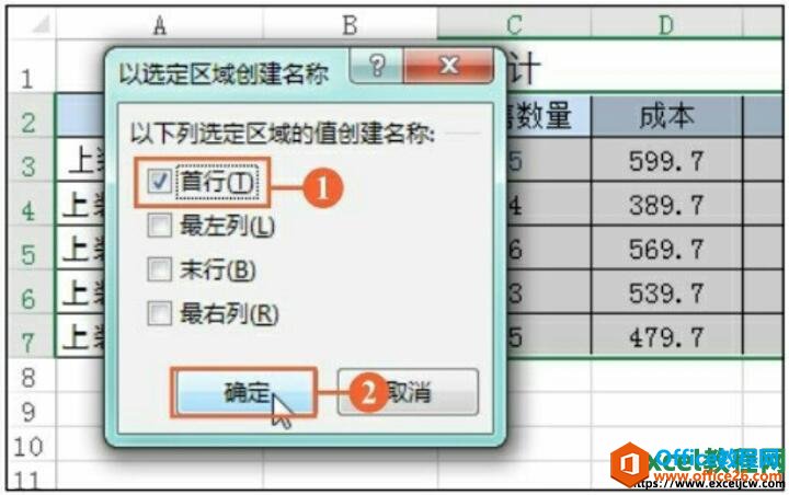 选择创建名称的区域值