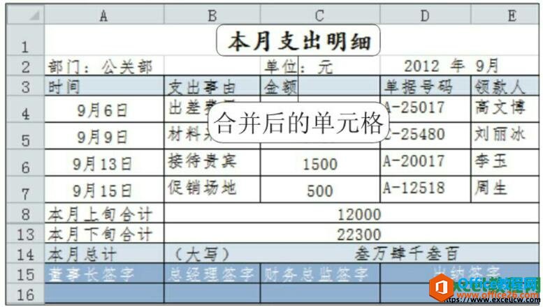 合并单元格后的效果