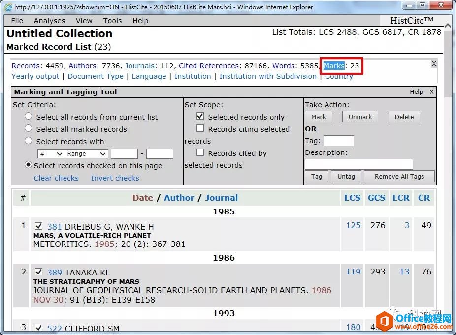 图20HistCite的Marks列表