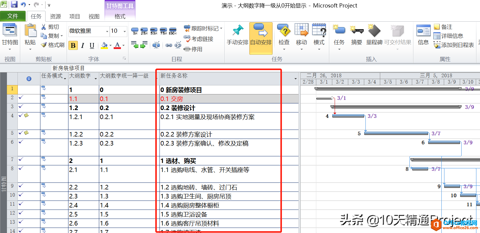 「Project教程」任务名称前显示的大纲数字统一降一级