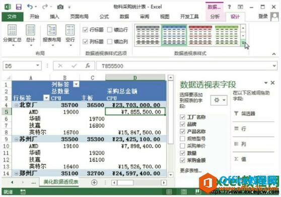 在excel2013中自定义数据透视表样式