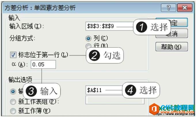 excel设置单因素方差分析对话框