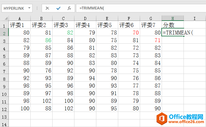 Excel中去掉一个最高分和一个最低分，然后求平均值，用什么函数