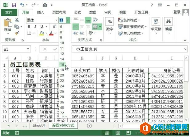 设置单元格中文本的字号