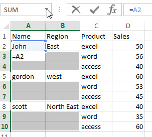 Excel如何自动填充空白单元格上一行的内容