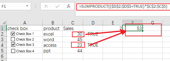 Excel 中如何统计或者求和选中的复选框的数5