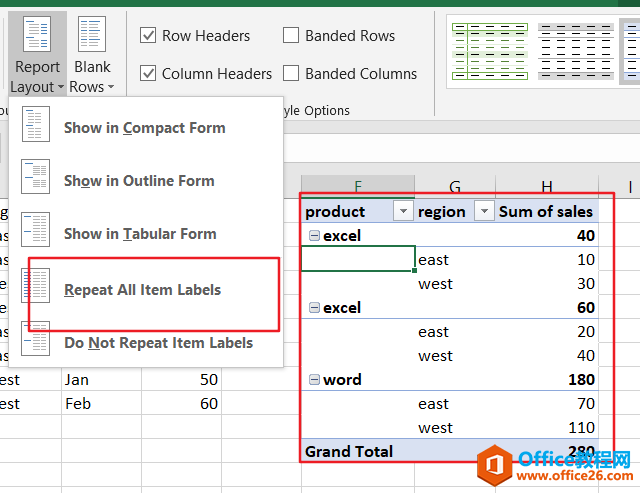 Excle如何在数据透视表重复显示行字段的项目标签