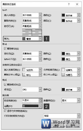 word2019高级修订选项对话框