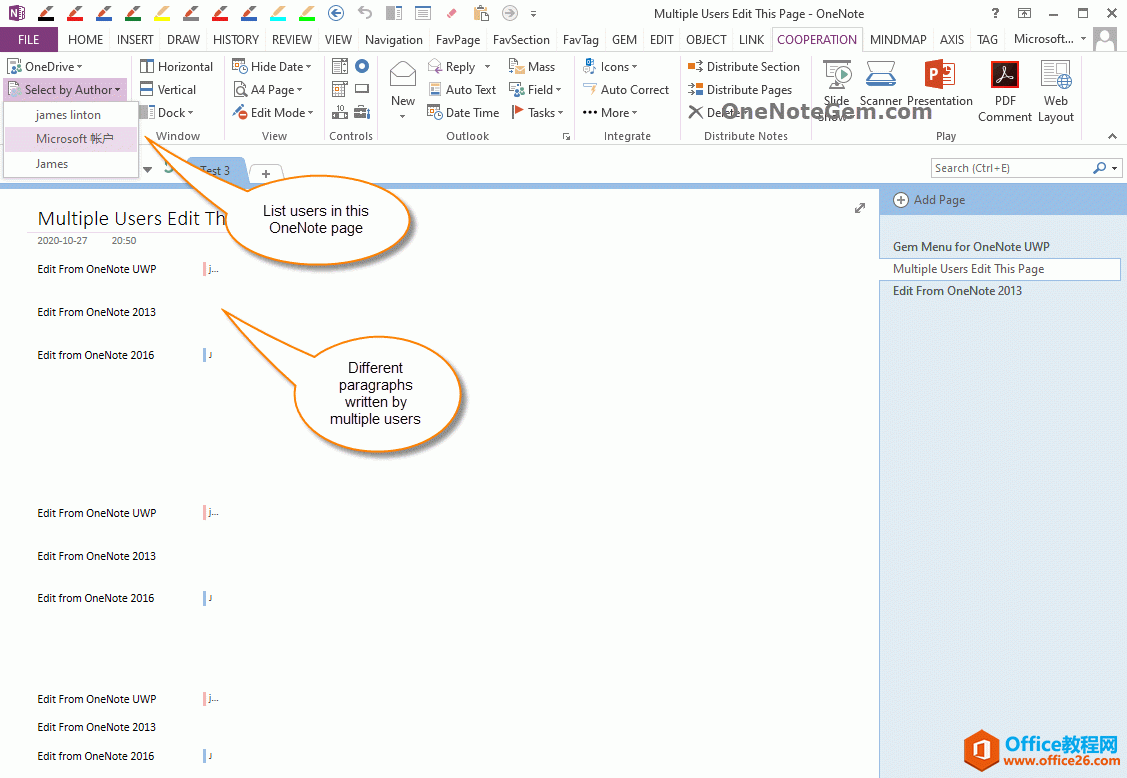 <b>如何在 OneNote 多用户协作页面里，选中某个用户编辑过的段落，并复制出来这些段落？</b>