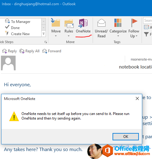 <b>Onenote needs to set itself up before you can send to it ,please run OneNote and then try sending ag</b>