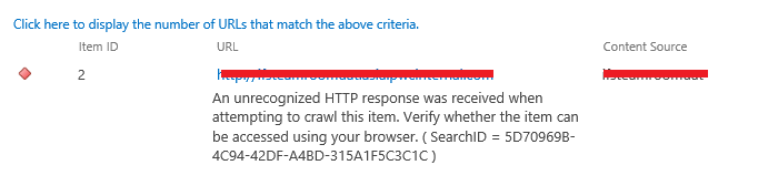 SharePoint Error - An unrecognized HTTP response was received when attempting to crawl this item